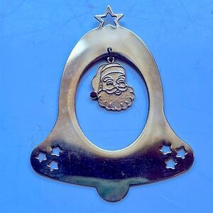 Vtg Gloria Duchin gold brass bell Christmas tree ornament with Santa pendant